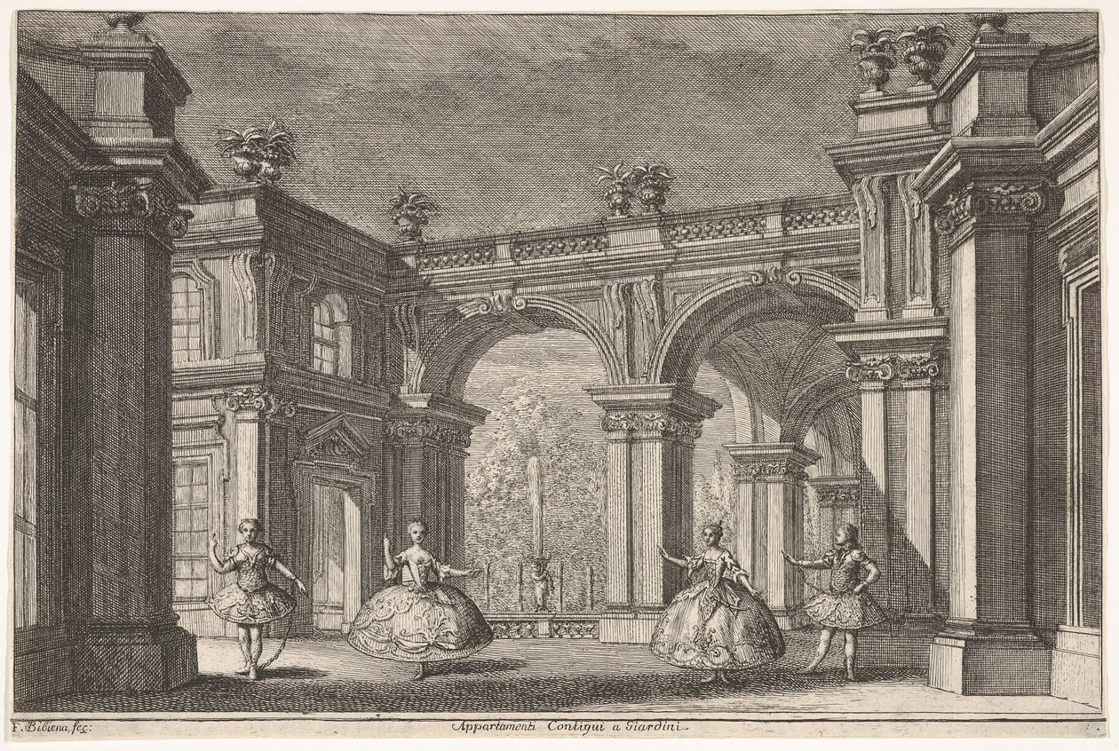 Dos damas y dos caballeros bailando dentro de un entorno arquitectónico ornamentado, una fuente en..., 1765 de Francesco Galli Bibiena