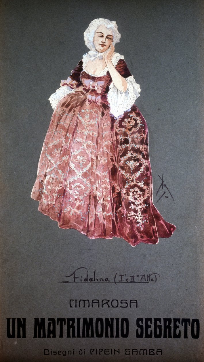 Personaje "Fidalma" en "El matrimonio secreto" (matrimonio Segreto) de Domenico Cimarosa (1749 - 1801). Vestuario de F. Gamba - Scala de Milán de Francesco Gamba
