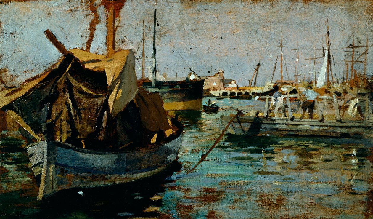 Trabajando en el puerto de Livorno (Leghorn) de Francesco Gioli (1846-1922), óleo sobre tabla, 22x38 cm de Francesco Gioli