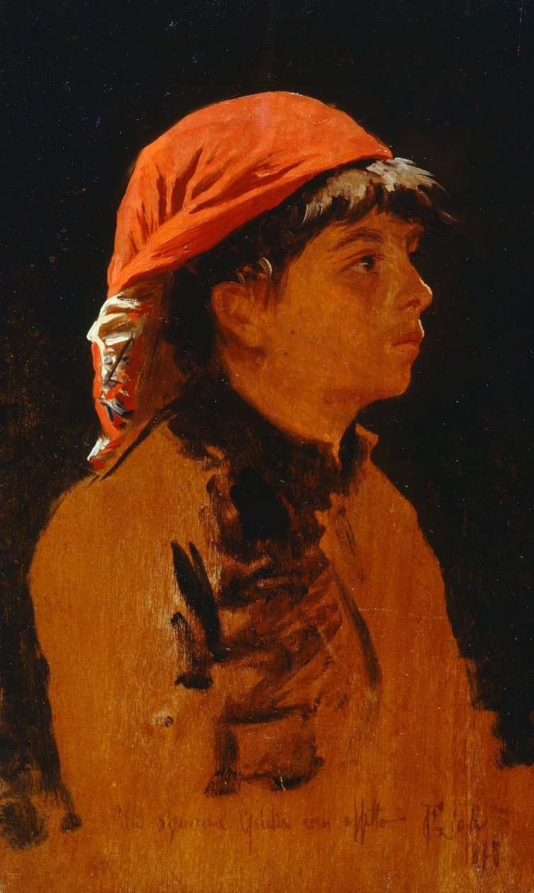 Bufanda roja de Francesco Gioli (1846-1922), óleo sobre tabla, 28x17 cm de Francesco Gioli