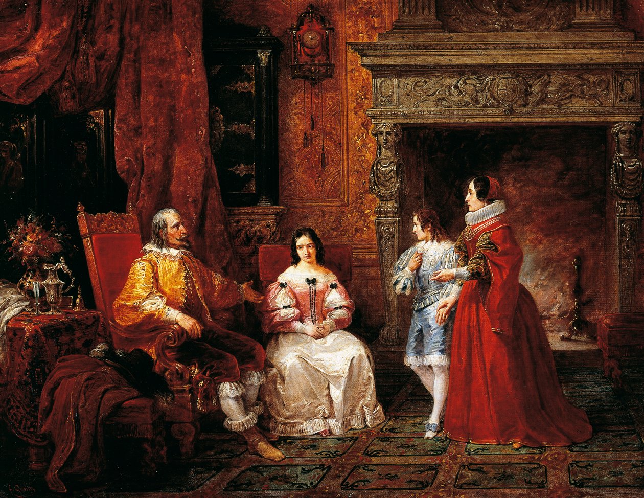 Príncipe contando al joven príncipe y a su madre la decisión de Gertrude de convertirse en monja, episodio de Los Novios de Alessandro Manzoni de Francesco Gonin