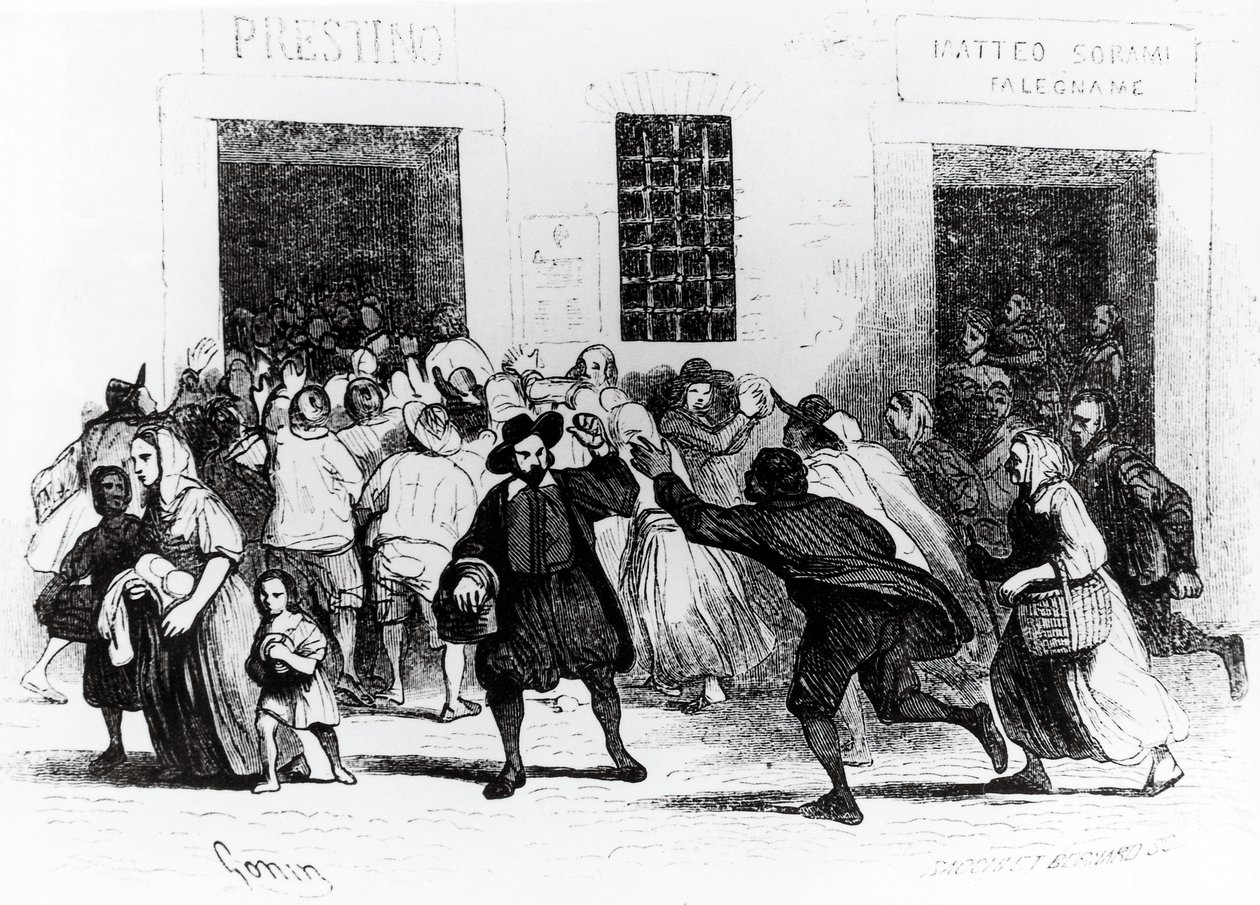 El saqueo de la panadería de las muletas, episodio de Los Novios, por Alessandro Manzoni (1785-1873), ilustración de Francesco Gonin (1808-1889) edición de 1840 de Francesco Gonin