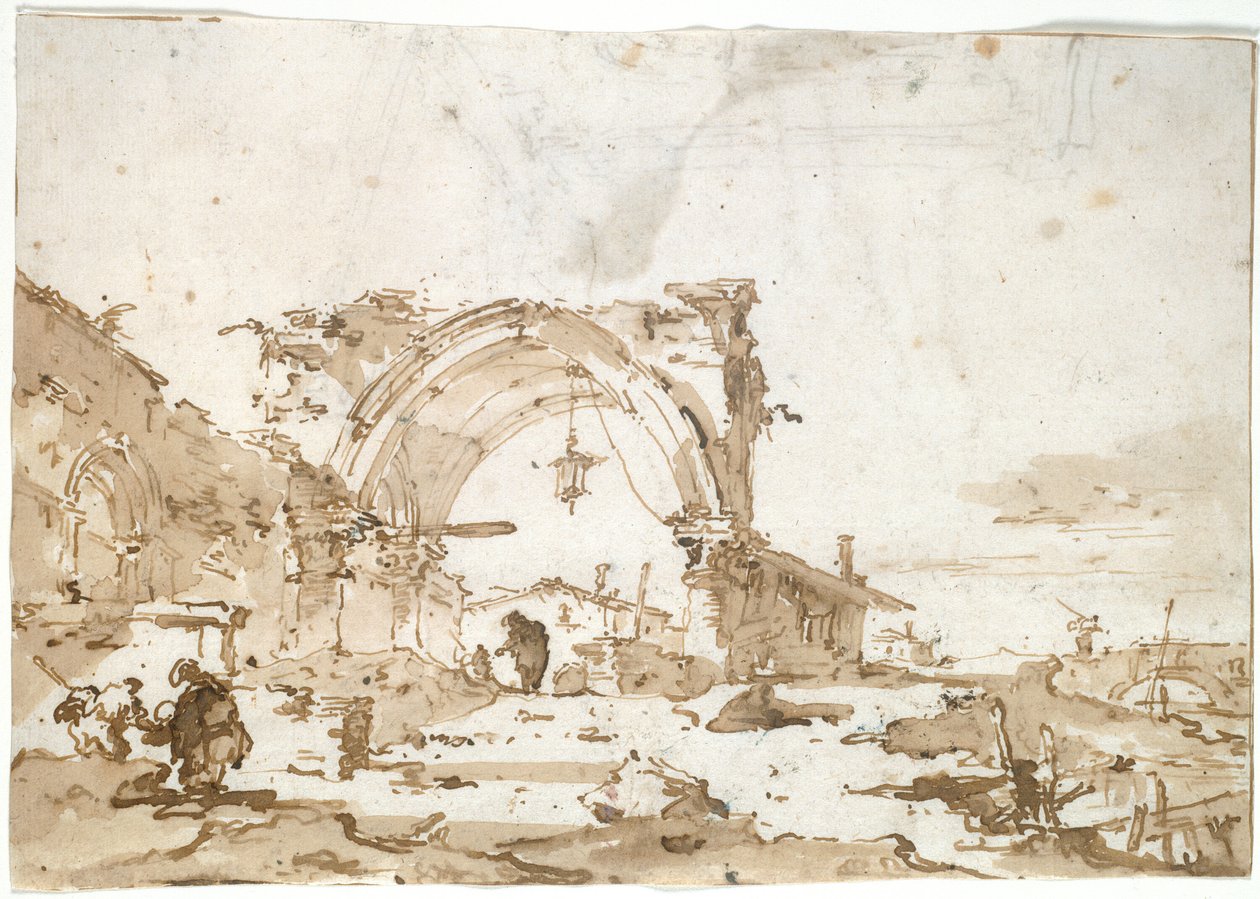 Un capricho con un arco gótico en ruinas de Francesco Guardi