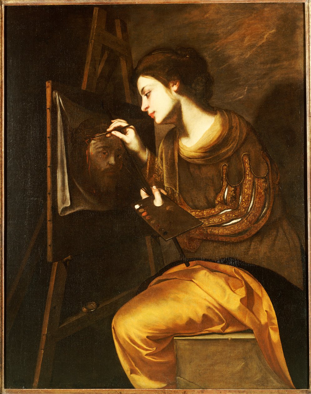 Una artista femenina pintando la imagen del Sudario de Francesco Guardi
