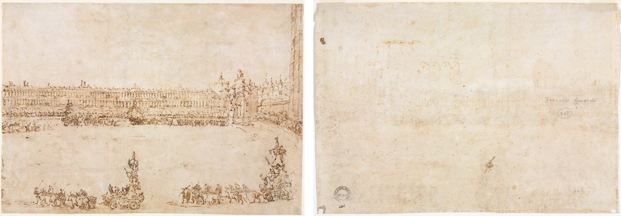 Una procesión de carros triunfales en la Piazza San Marco, Venecia, celebrando la visita de los Conti del Nord (recto) Tres bocetos de arcos (verso) de Francesco Guardi