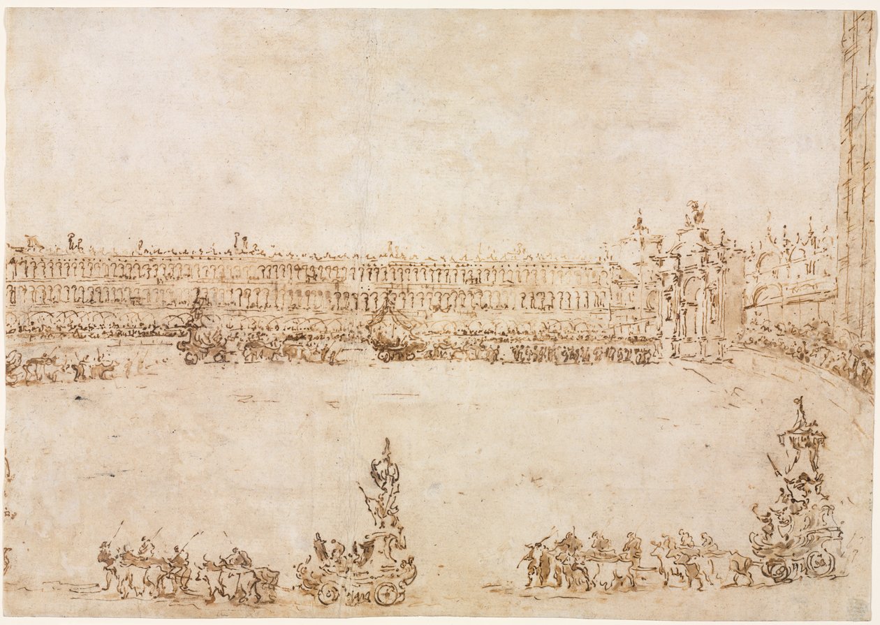 Una procesión de carros triunfales en la Piazza San Marco, Venecia, celebrando la visita, 1782 de Francesco Guardi