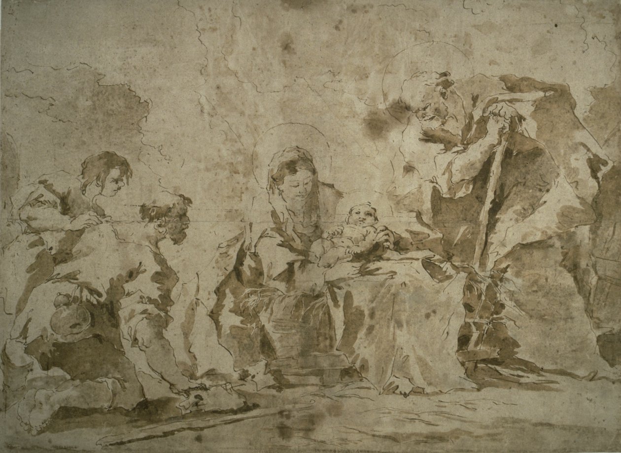 Adoración de los pastores (anverso); Tres bocetos: Edificios junto al canal con barcas, Paisaje con buldings en la ladera, Edificios con pórtico (verso) de Francesco Guardi