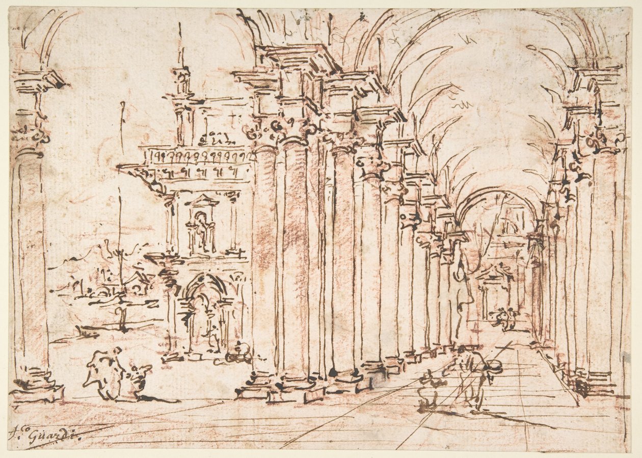 Capricho arquitectónico: columnata abovedada de un palacio de Francesco Guardi