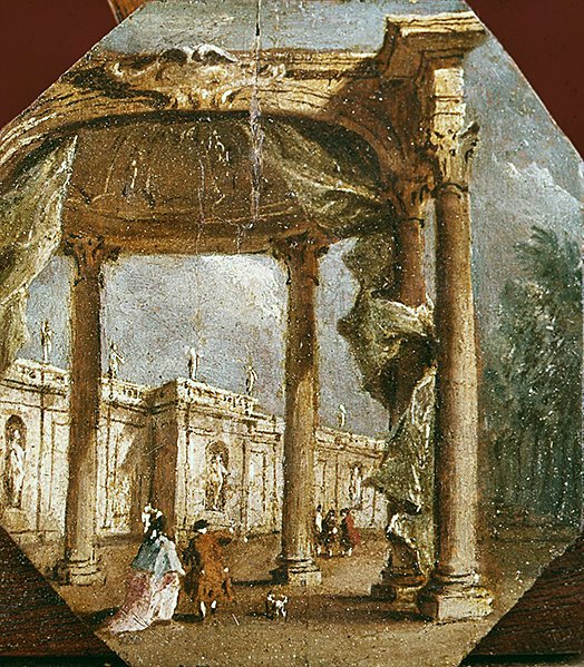 Capricho de una Locura con una Pareja Elegante y un Perro de Francesco Guardi