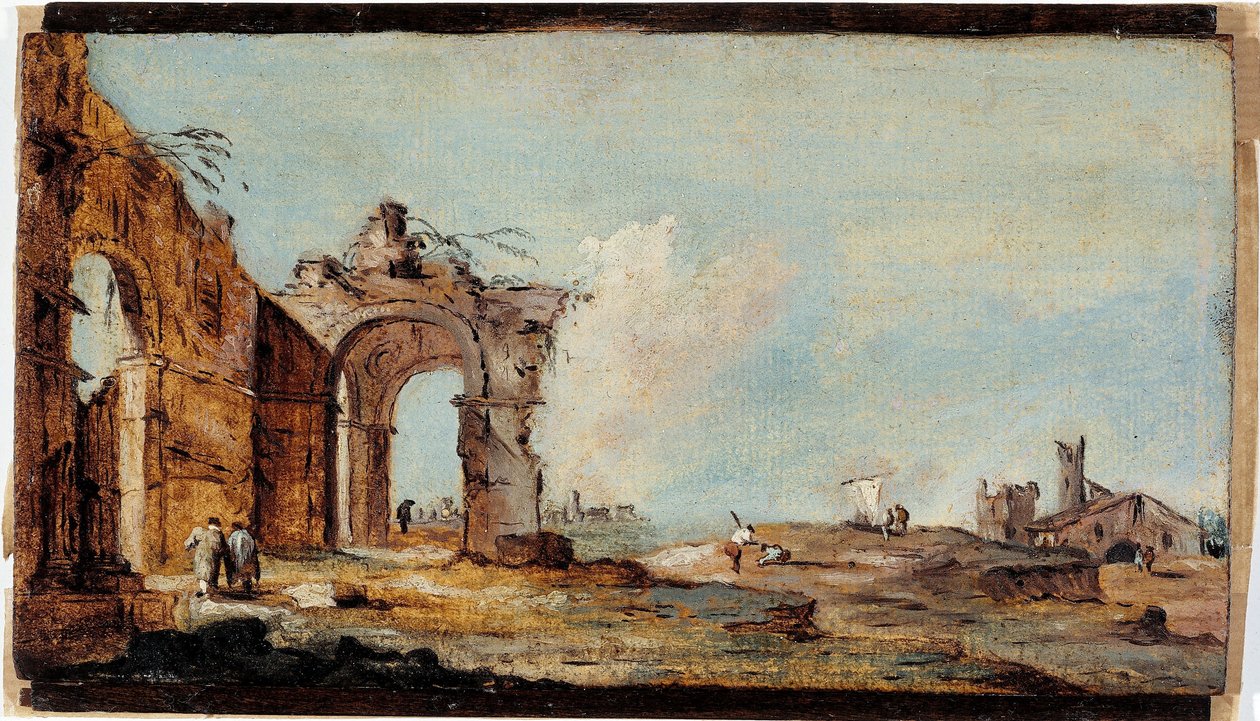 Caprice, con arco en ruinas y casas de pescadores de Francesco Guardi
