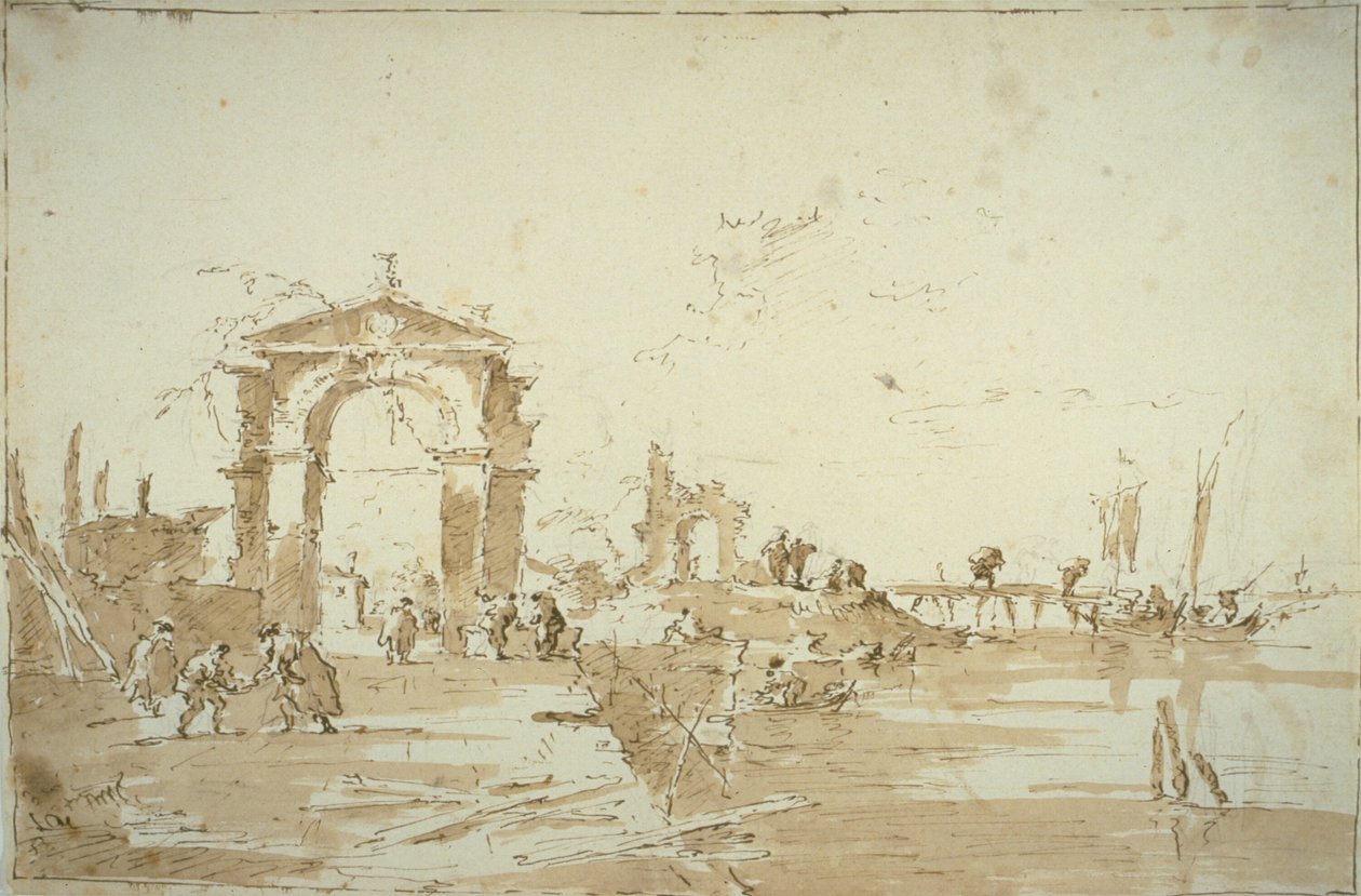 Puerta cerca de un puente de desembarque de Francesco Guardi