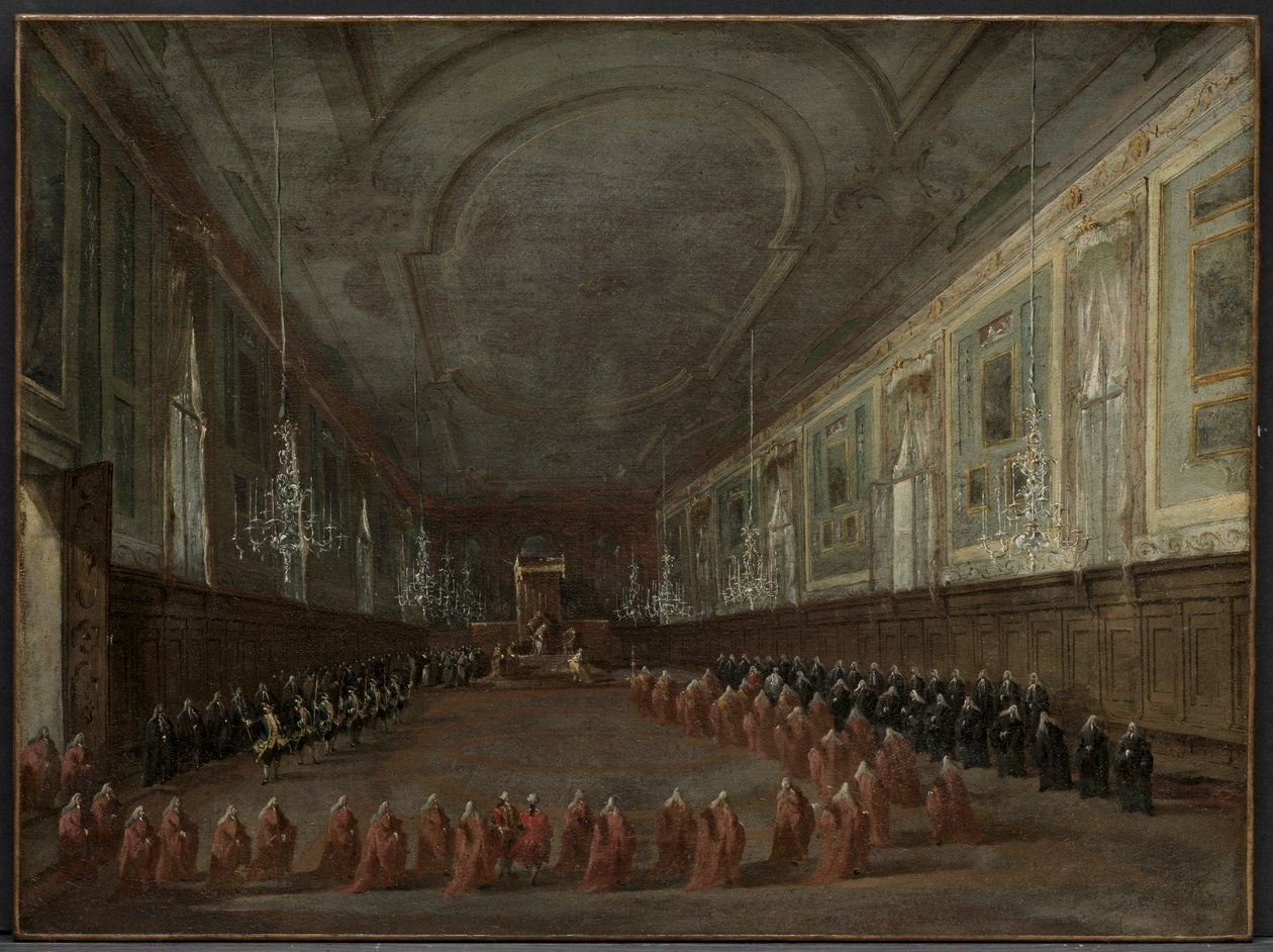 El Papa Pío VI descendiendo del trono para despedirse del Dogo en el Salón, c. 1783 de Francesco Guardi