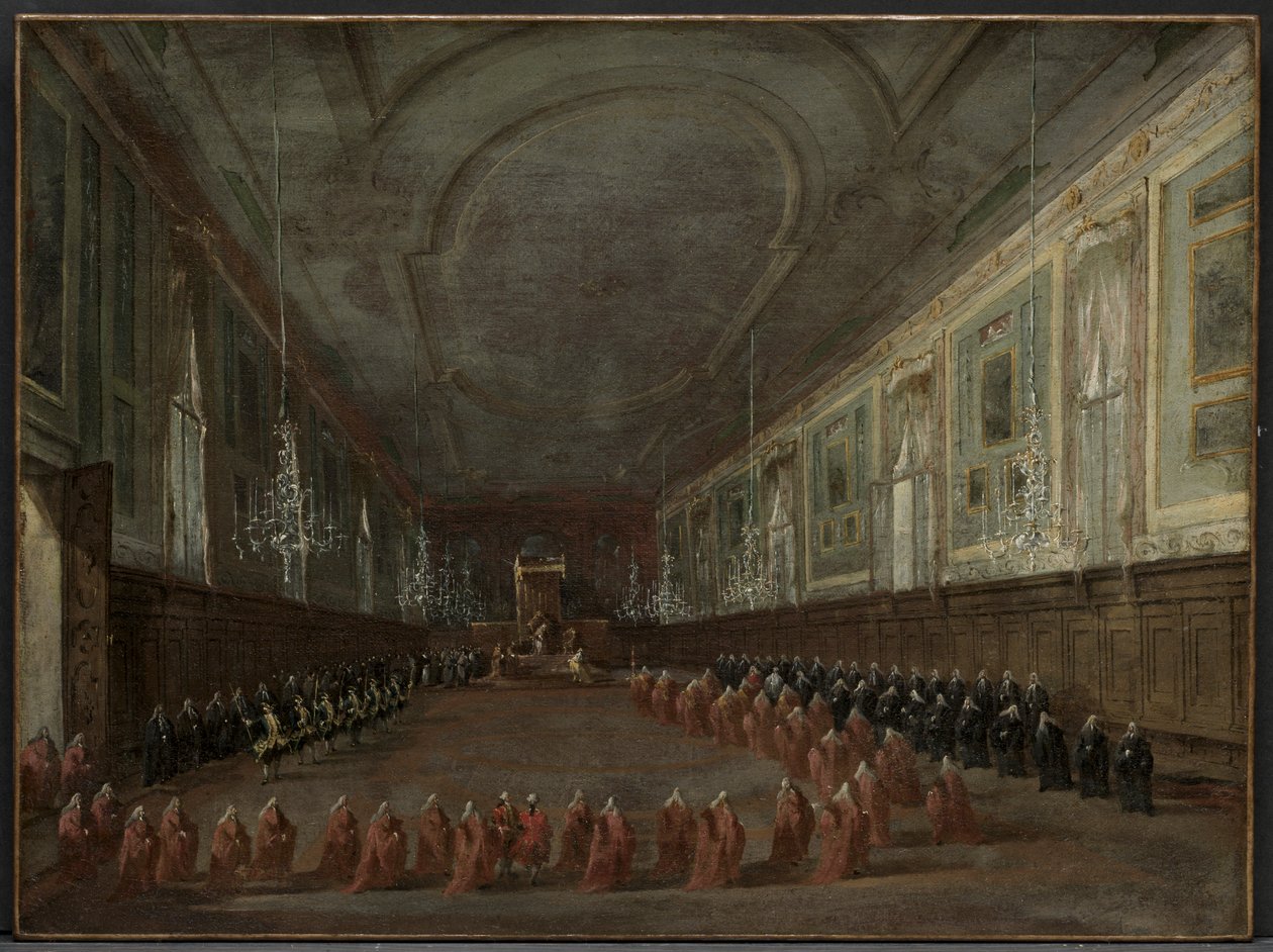 El Papa Pío VI descendiendo del trono para despedirse del Dogo en el Salón de SS. Giovanni e Paolo, 1782 de Francesco Guardi