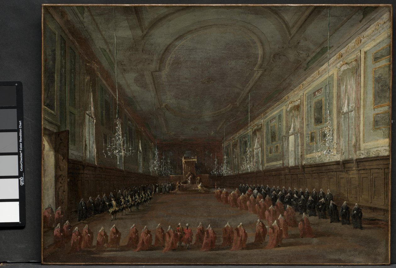 El Papa Pío VI descendiendo del trono para despedirse del Dogo en el Salón de SS. Giovanni e Paolo, 1782 y Ceremonia Pontificia en SS. Giovanni e Paolo, Venecia, 1782, c. 1783 de Francesco Guardi