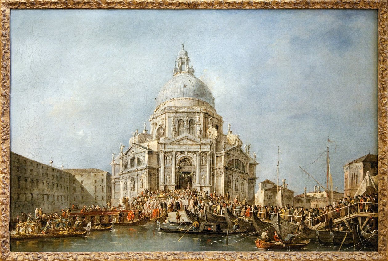 El Dogo de Venecia va a la Salute de Venecia, Cada año el 21 de noviembre el Dogo iba a la Basílica de Santa Maria della Salute, edificada en agradecimiento por el fin de la peste de 1630, para agradecer a la Virgen por esta liberación, un puente de barcos de Francesco Guardi