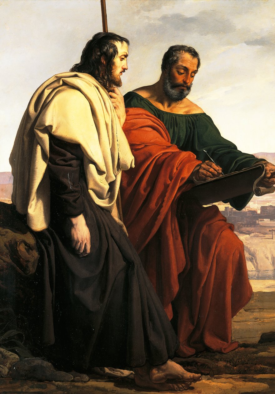 Los apóstoles Felipe y Santiago en su camino a su predicación, es decir, dos patriotas exiliados, vestidos con tricolor de Francesco Hayez