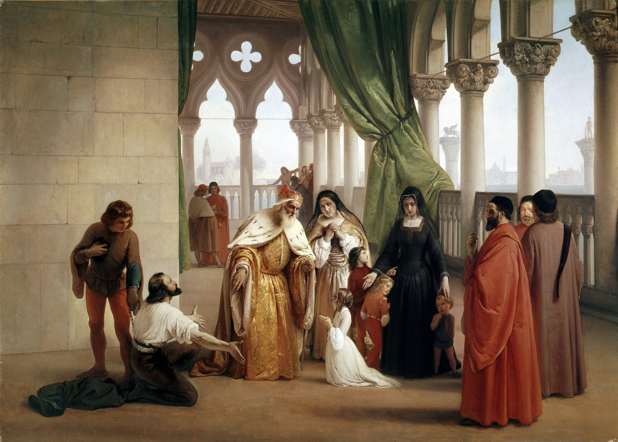 Los dos Foscari: Francesco Foscari, Dogo de Venecia desterrando a su hijo Jacopo acusado de correspondencia traicionera mientras estaba en el exilio de Francesco Hayez