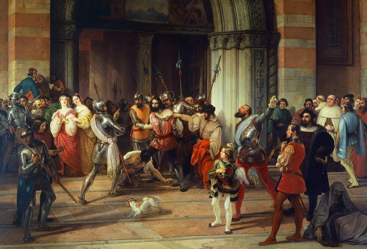 Ventura Fenaroli arrestado en la Iglesia del Carmine en Brescia por los franceses, por Francesco Hayez de Francesco Hayez