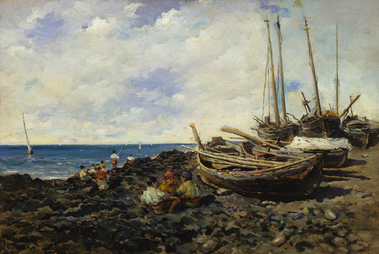 Pescadores con barcas en la orilla de Francesco Lojacono