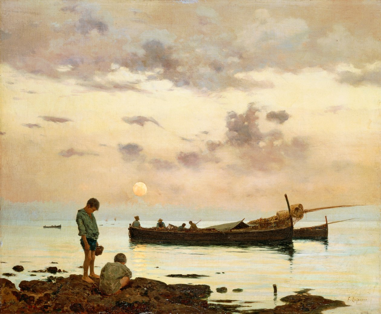 Puerto deportivo con barca de pesca y niños, de Francesco Lojacono (1838-1915), óleo sobre lienzo, 64x77 cm de Francesco Lojacono