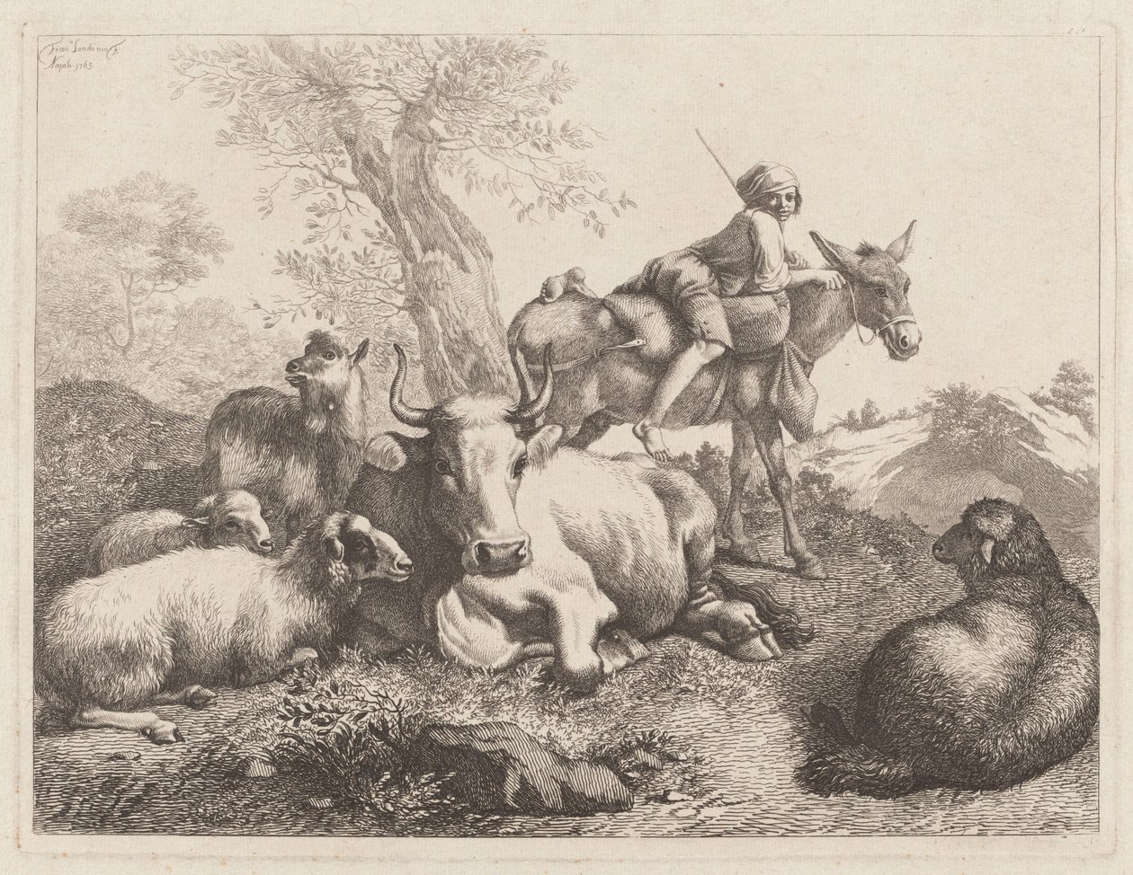 Niño en un burro vigilando un grupo de animales de Francesco Londonio