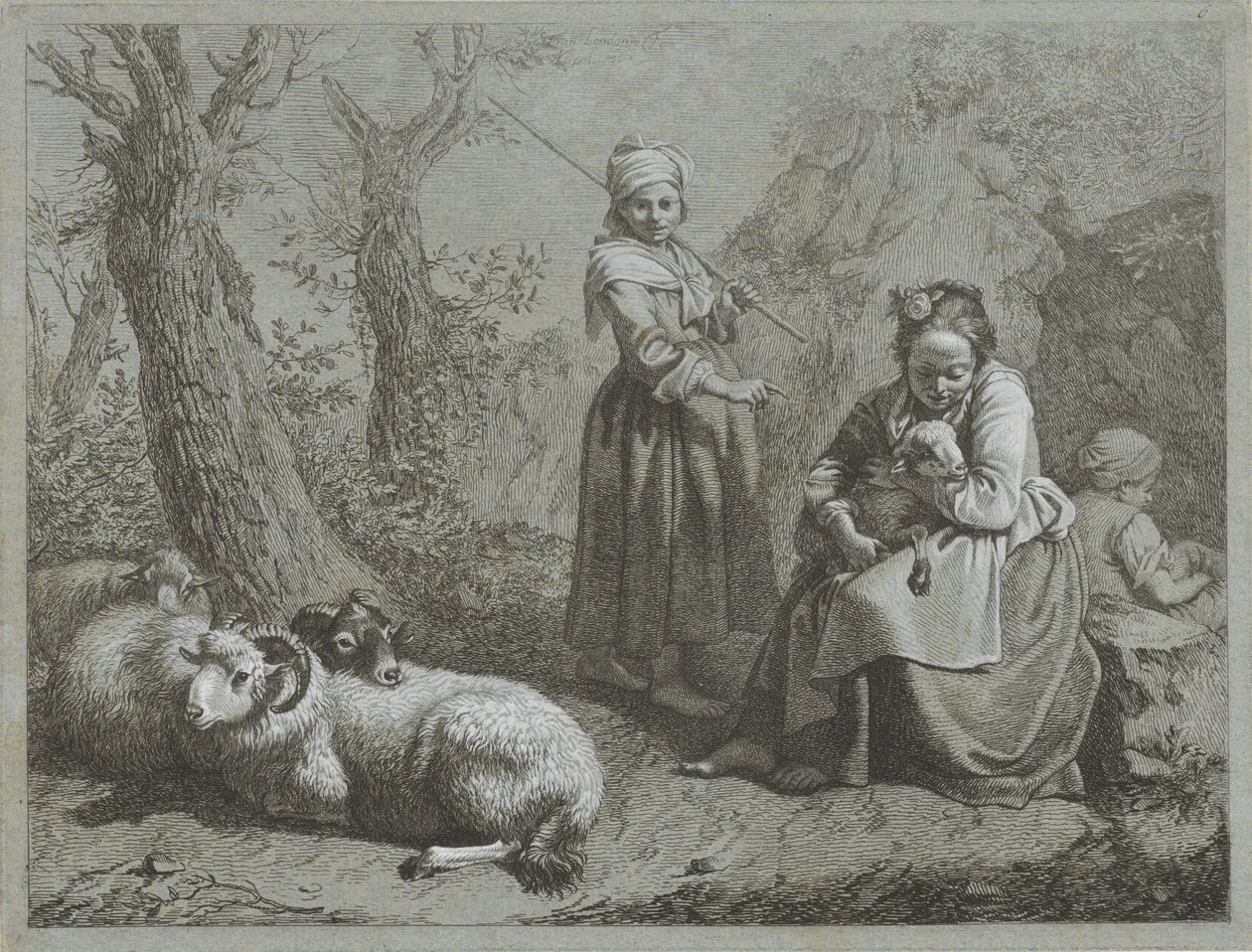 Tres pastoras con ovejas Escenas de pastores (título de la serie) de Francesco Londonio