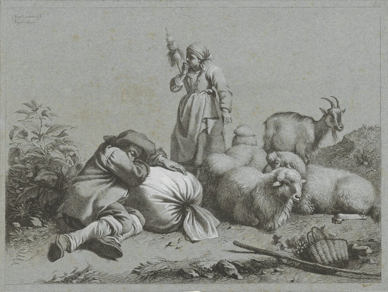 Pastor y pastora con ovejas y cabras Escenas de pastores (título de la serie) de Francesco Londonio