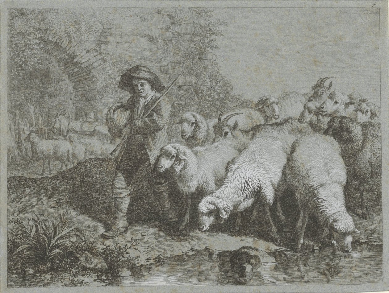 Pastor con rebaño de ovejas y cabras Escenas de pastores (título de la serie) de Francesco Londonio