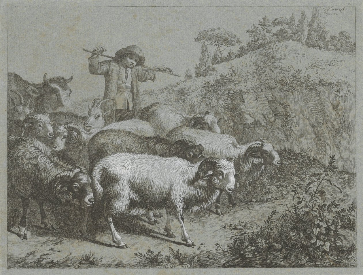 Pastor con carneros, cabras y vacas Escenas de pastores (título de la serie) de Francesco Londonio