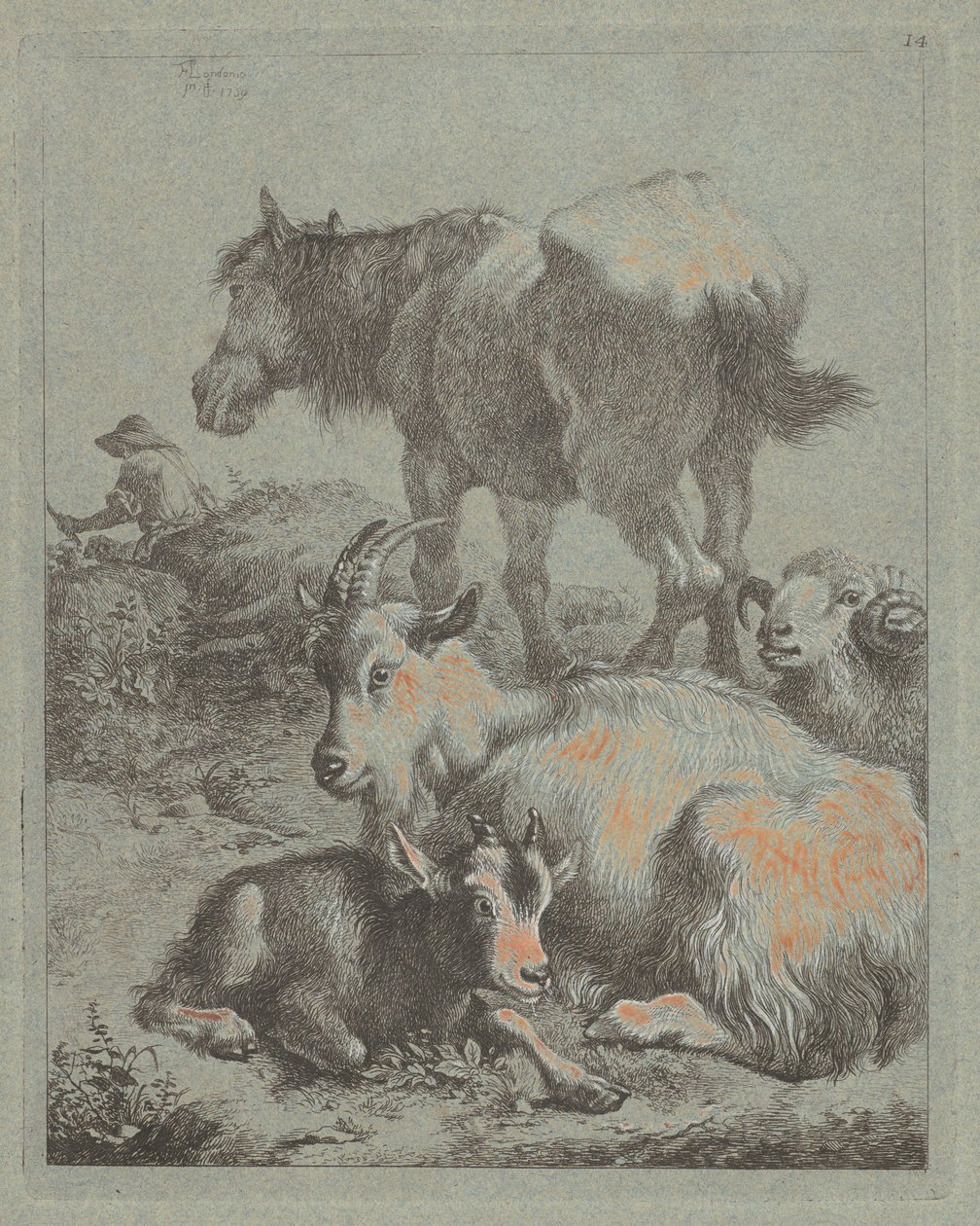 Caballo, carnero, cabra con cabrito, en la distancia un pastor con rebaño, 1759 de Francesco Londonio