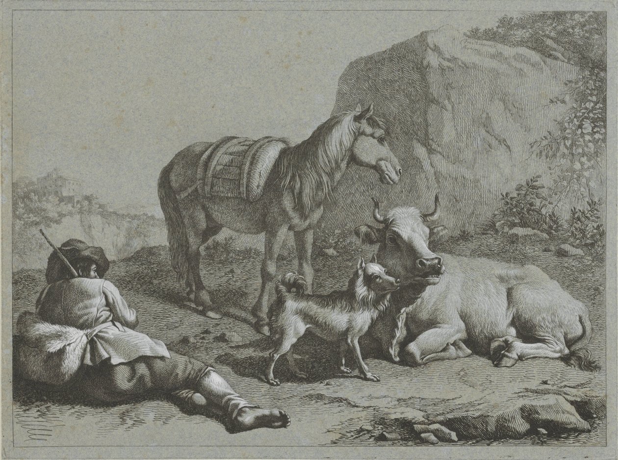 Pastor reclinado con caballo, vaca y perro Escenas de pastores (título de la serie) de Francesco Londonio