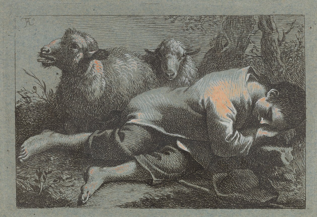 Niño campesino dormido cerca de dos ovejas, 1758-1759 de Francesco Londonio