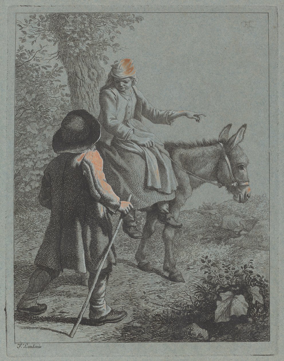 Campesina sentada en un burro y campesino de Francesco Londonio
