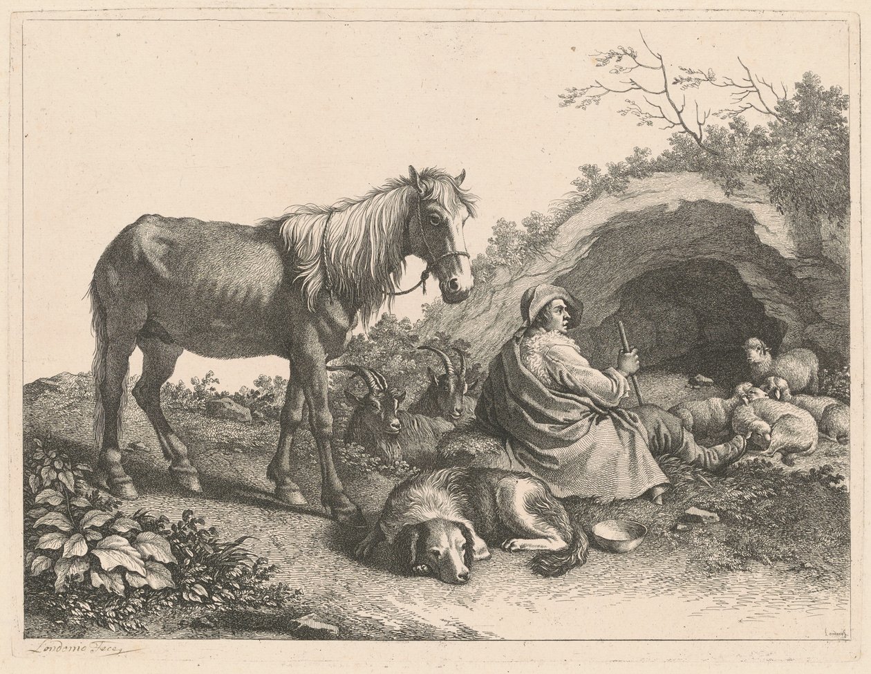 Pastor Sentado con Caballo, Perro, Cabras y Ovejas de Francesco Londonio