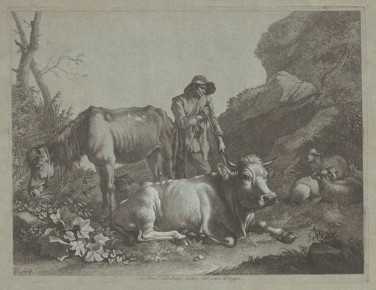 Pastor Descansando sobre un Bastón con un Caballo Viejo y un Toro Reclinado, después de 1767 de Francesco Londonio