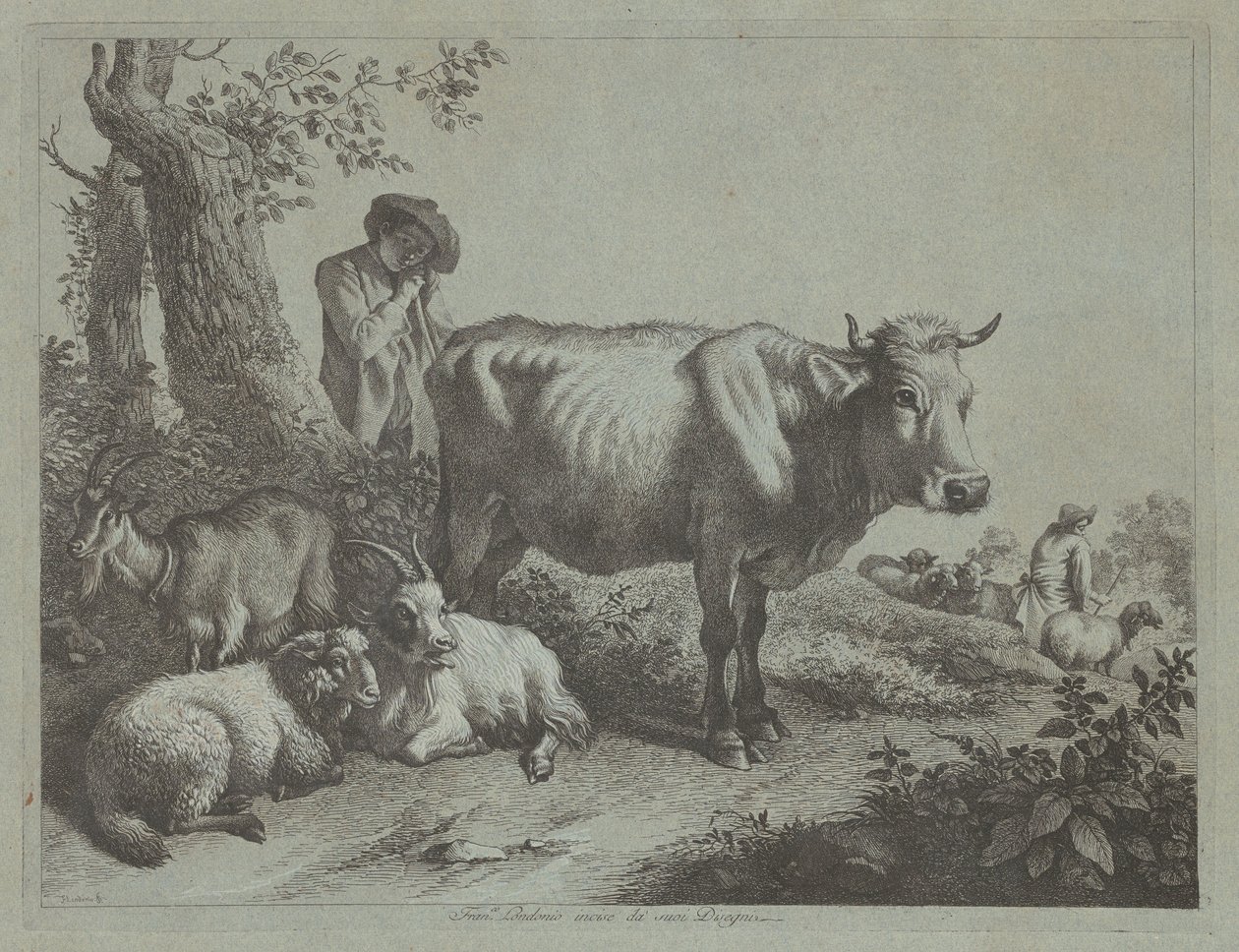 Vaca de Pie y un Pastor con Rebaño de Francesco Londonio