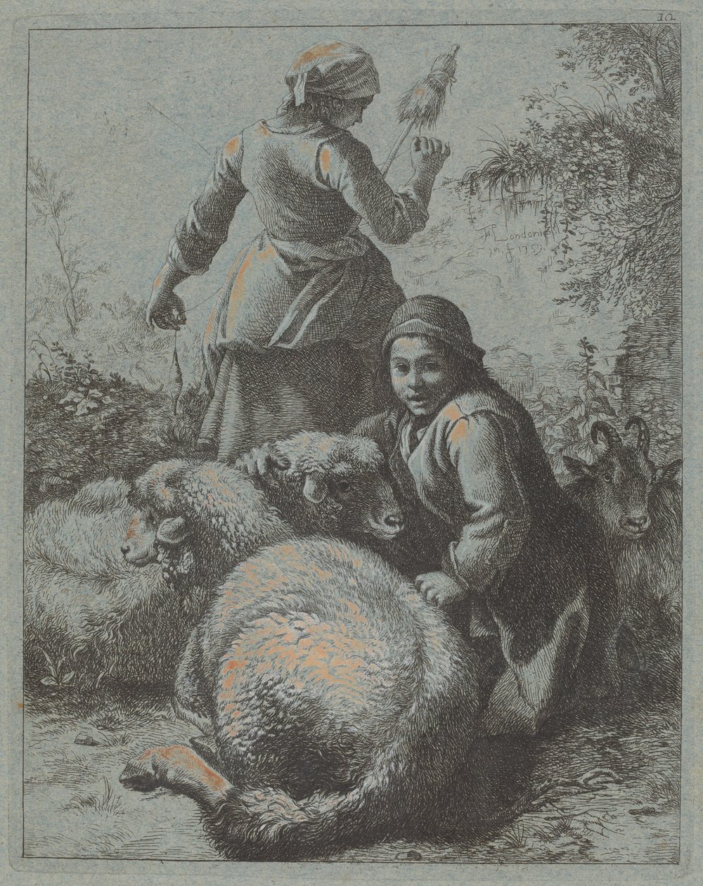 Mujer hilandera y un pastor con rebaño, 1758-1759 de Francesco Londonio