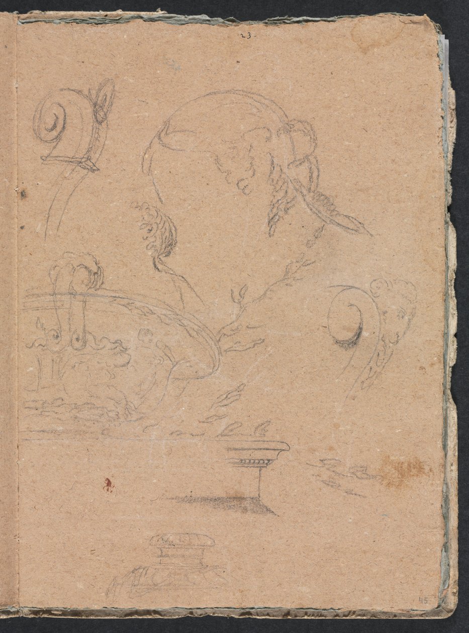 Cuaderno de bocetos de Verona: Motivos arquitectónicos con cabeza femenina página 45, 1760 de Francesco Lorenzi