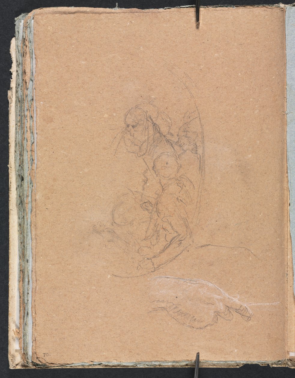 Cuaderno de bocetos de Verona: Figuras en un medallón con estudio de una mano (página 70) de Francesco Lorenzi