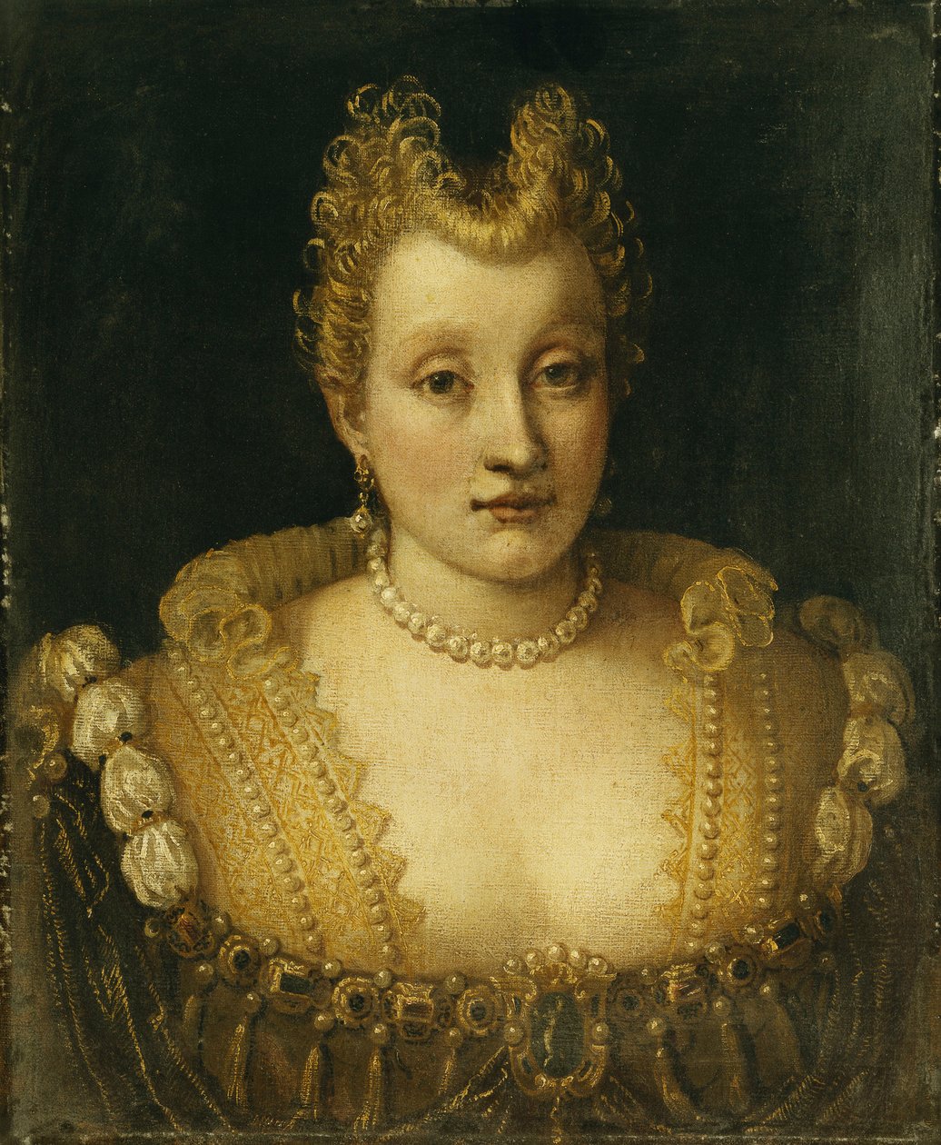 Retrato de una Dama Dicha de la Familia Contarini, Busto, con un Vestido Elaborado con Joyas y un Collar y Aretes de Perlas de Francesco Montemezzano
