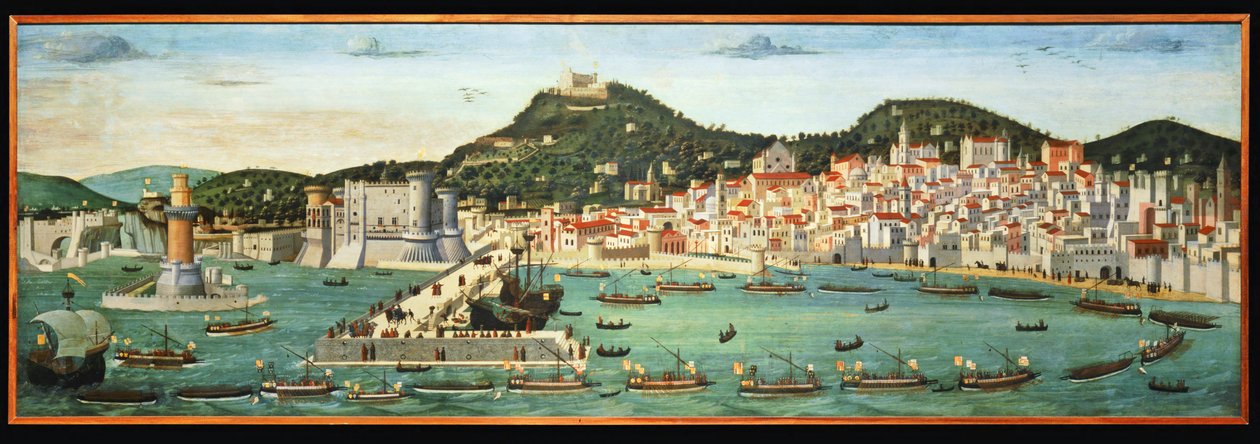 Tavola Strozzi que representa el paseo marítimo de Nápoles y el regreso de la flota aragonesa de la batalla de Ischia. de Francesco Pagano