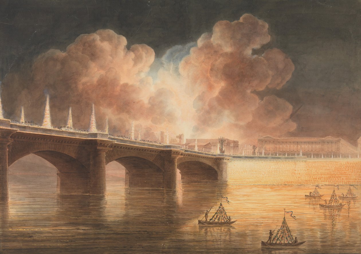 Fiesta por la Paz General dada en París el 18 de Brumario. Puente y Plaza de la Concordia, 1801-2 de Francesco Piranesi
