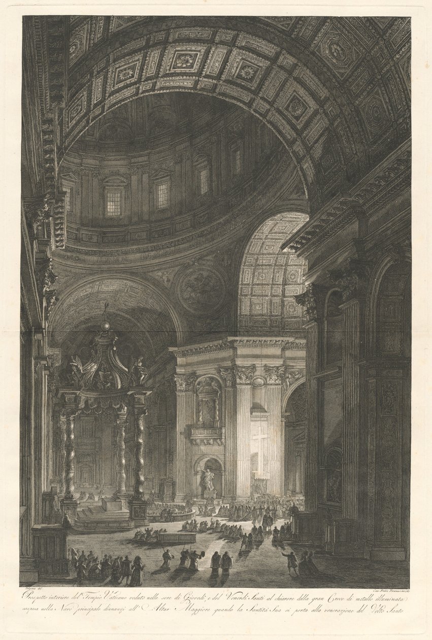 Interior de San Pedro, con la iluminación de la Cruz de San Pedro de Francesco Piranesi