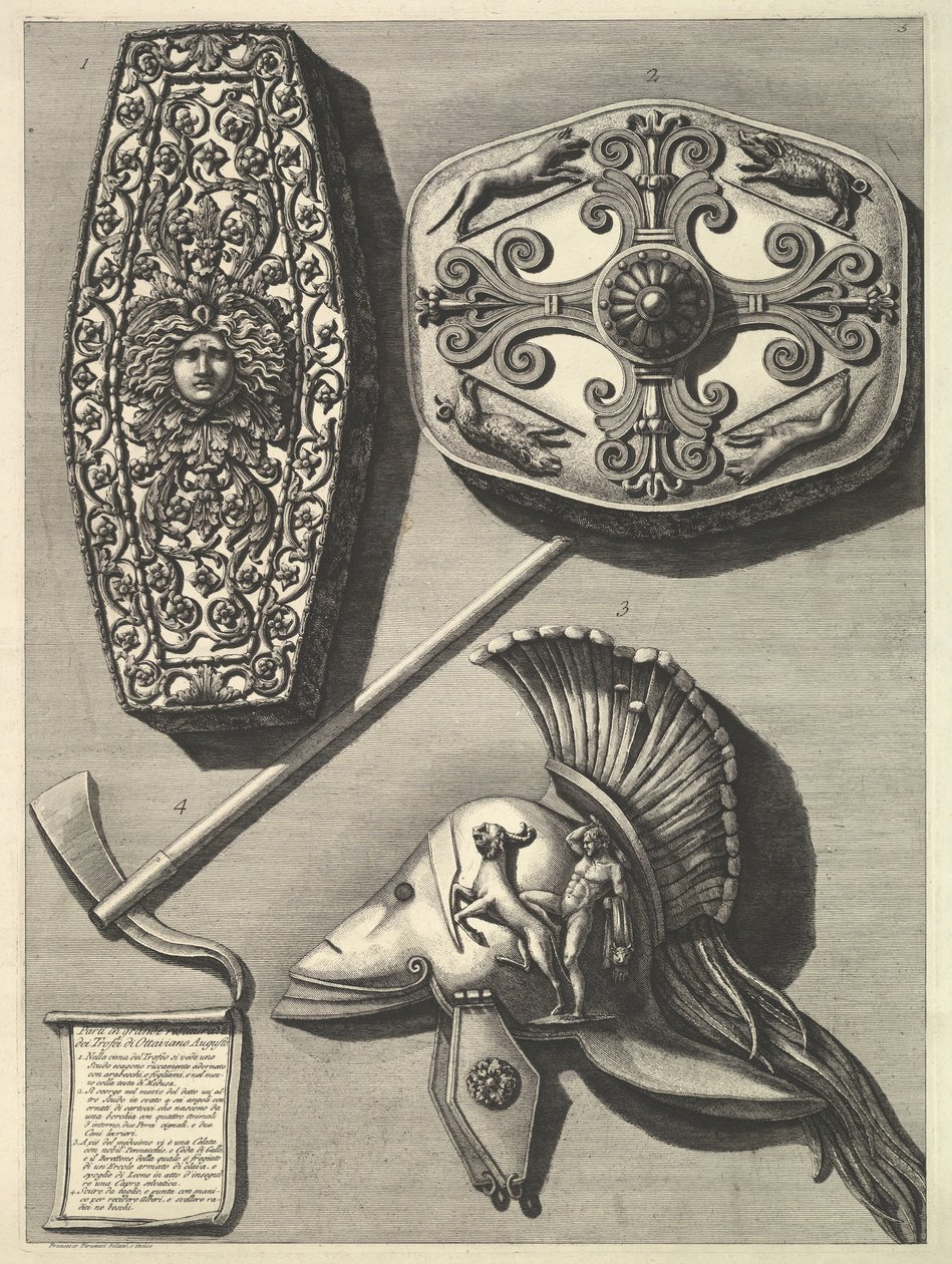 Parti in grande restaurati de Trofei de Ottaviano Augusto (detalle restaurado), ca. 1753. de Francesco Piranesi