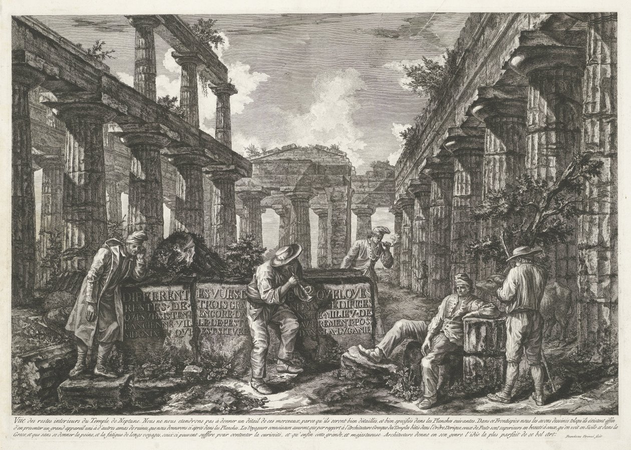 Impresión de título con restos del Templo de Neptuno en Paestum con título en bloques Diferentes vistas de los restos de tres grandes edificios que siguen en pie en Paestum (título de la serie) Différentes vues de quelques restes de trois grands édifices q de Francesco Piranesi