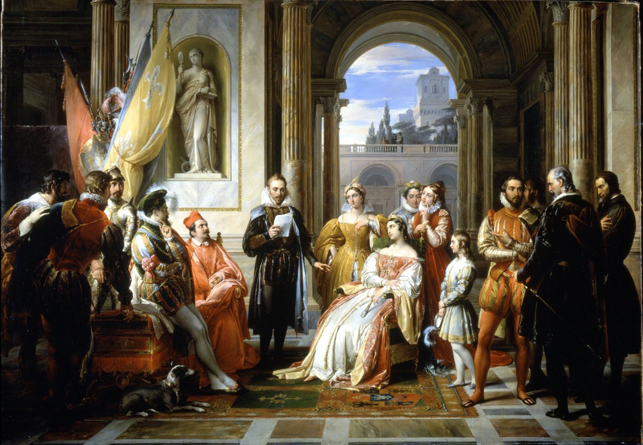 Torquato Tasso (Le Muche) leyendo su Jerusalén liberada (La gerusalemme liberata) en la corte de Ferrara. Pintura de Francesco Podesti (1800-1895) de Francesco Podesti