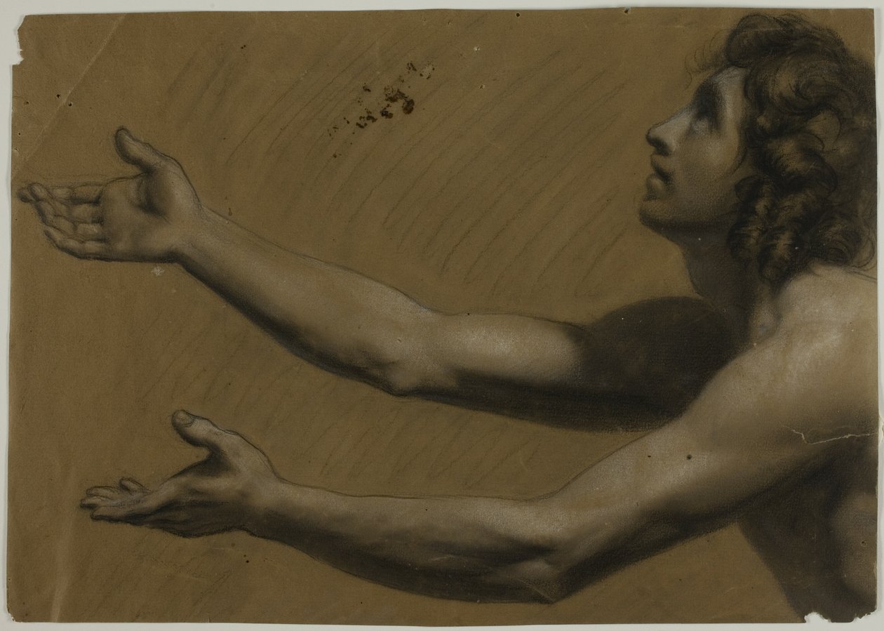 Joven mirando hacia arriba con los brazos extendidos (anverso); mujer sosteniendo un espejo (reverso) de Francesco Podesti
