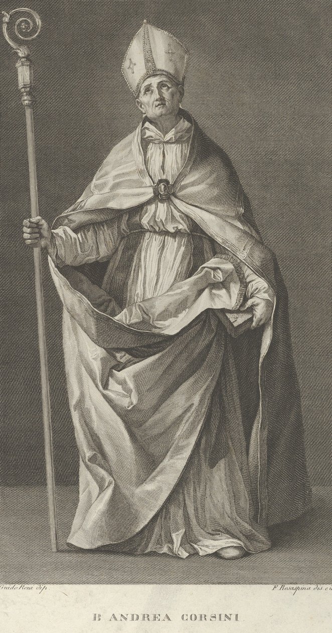 San Andrea Corsini vestido como obispo de Fiesole, sosteniendo un báculo y mirando..., ca. 1780-1841 de Francesco Rosaspina