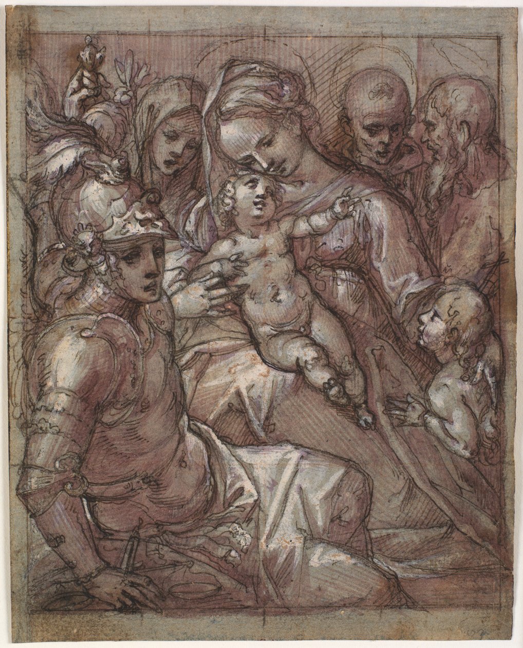 La Virgen María y el Niño Jesús con Juan el Bautista como niño, Bernardino de Siena (?), Catalina de Siena, el arcángel Miguel y un santo barbudo de Francesco Rustici