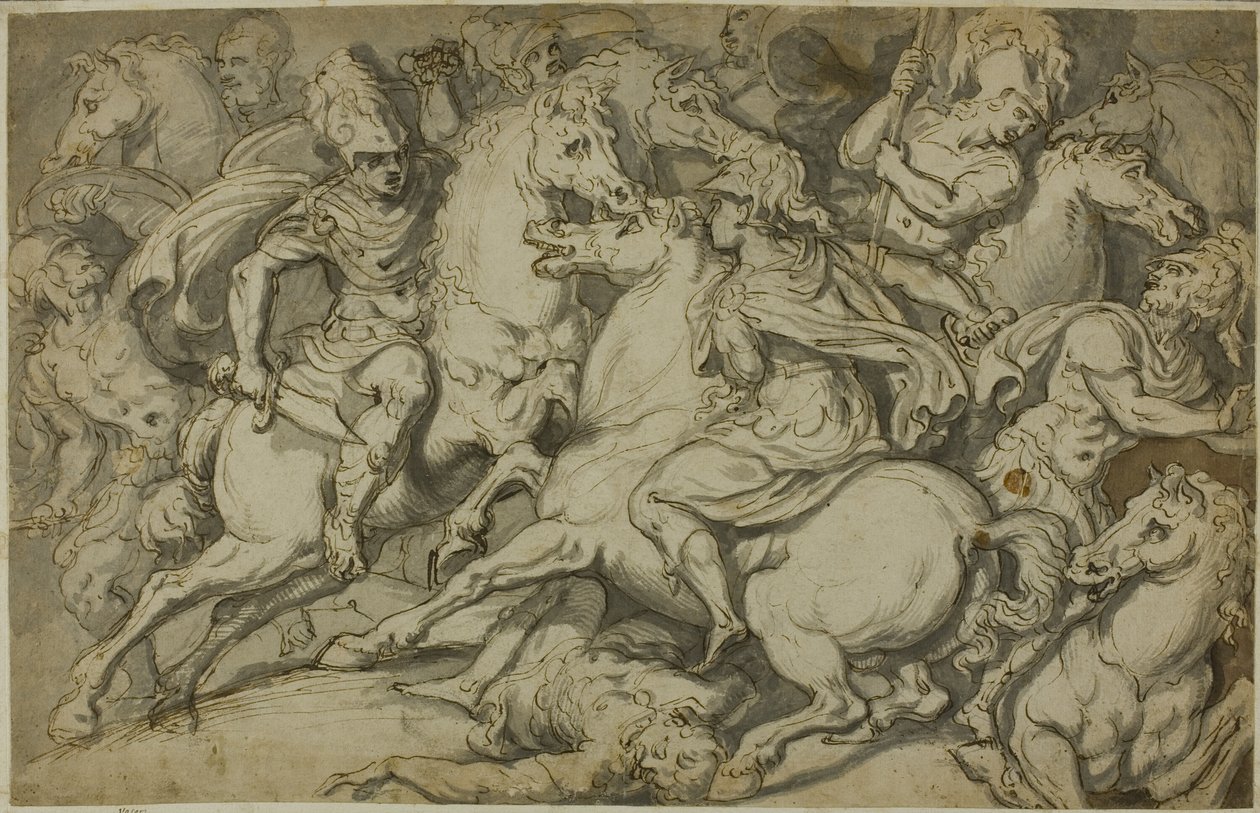 Escaramuza de caballería (anverso); Ecorché arrodillado (reverso) de Francesco Salviati